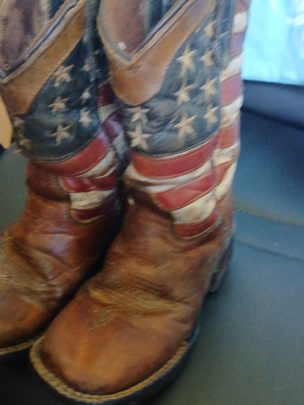 Roper Kids Brown Leather Cowboy Boots with Red, White & Blue Flag Design Sz 10